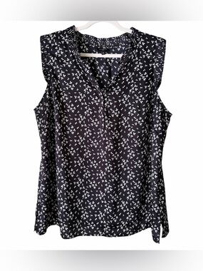 Talbots | Sleeveless Floral Tank Top Buttons Ruffle Trim Black White Plus 2X